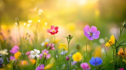 Fototapeta premium Wild nature flowers meadow wallpaper: tranquil beauty with bokeh effect