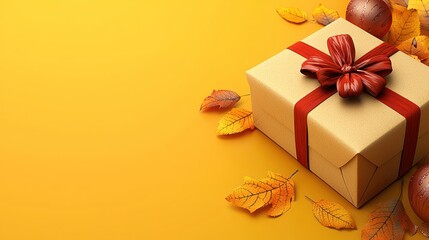 Autumn Gift: A Festive Present Wrapped in Kraft Paper with a Red Bow, Surrounded by Golden Leaves and Festive Ornaments