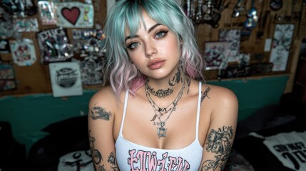 Portrait of a Young Woman with Colorful Hair and Tattoos