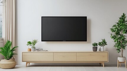 A flat-screen TV mounted on a white cabinet. Plants and a hanging decoration are on either side.