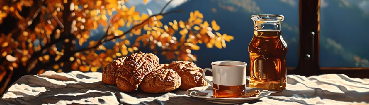 French pain depices with honey glaze, displayed near a cozy alpine cabin