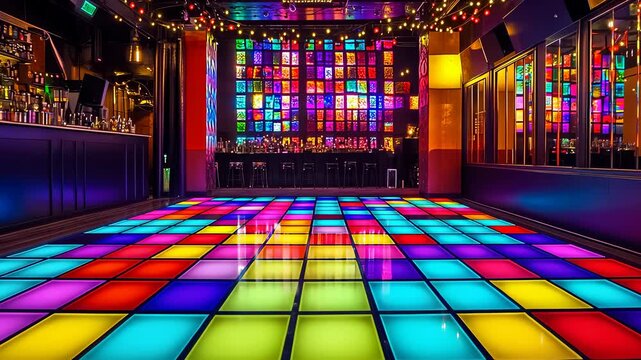 Colorful nightclub with a vibrant, illuminated dance floor under neon lights offers a lively, energetic evening scene. Reflects a theme of nightlife and entertainment.