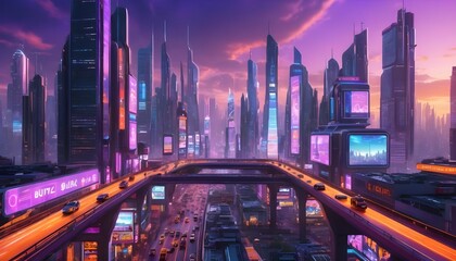 Traffic flows through the illuminated cityscape at night, a vibrant tapestry of car lights snaking along urban highways