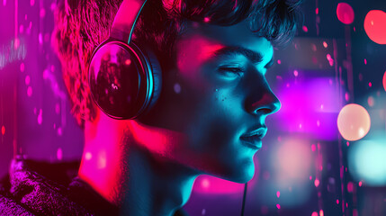 Young man immersed in music, headphones on, surrounded by vibrant neon lights reflecting off his face, capturing a mood of euphoria and creativity. Euphoria. Illustration