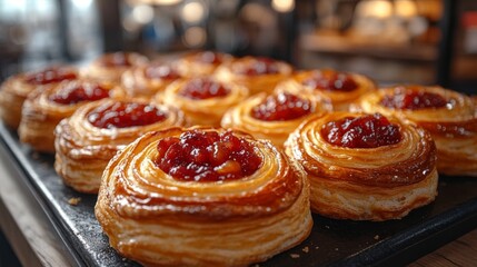 A variety of colorful donuts with different icing and sprinkles are neatly displayed on a cooling rack. The warm bakery atmosphere invites customers to indulge in the treats.