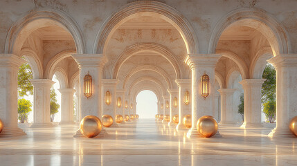 Fototapeta premium A light-filled arched walkway with beige columns, hanging lanterns