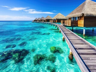 Fototapeta premium Luxury overwater bungalows in crystal clear waters paradise retreat