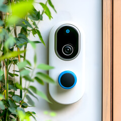 Smart doorbell installed beside greenery at a modern home entrance
