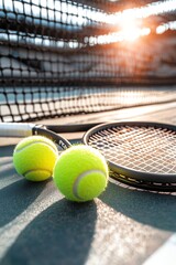 Close-up of tennis balls and racket on the court, with a blurred background and the net in focus
