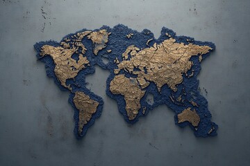 Global topographic map featuring distinct country boundaries and a gradient background shifting from dark to light blue, symbolizing day and night cycles