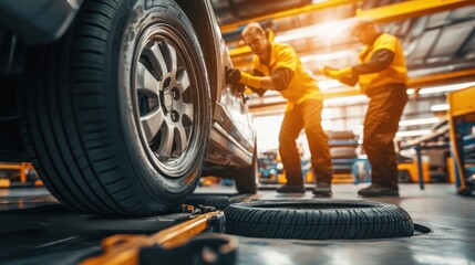 Two workers performing tire maintenance in an automotive workshop.