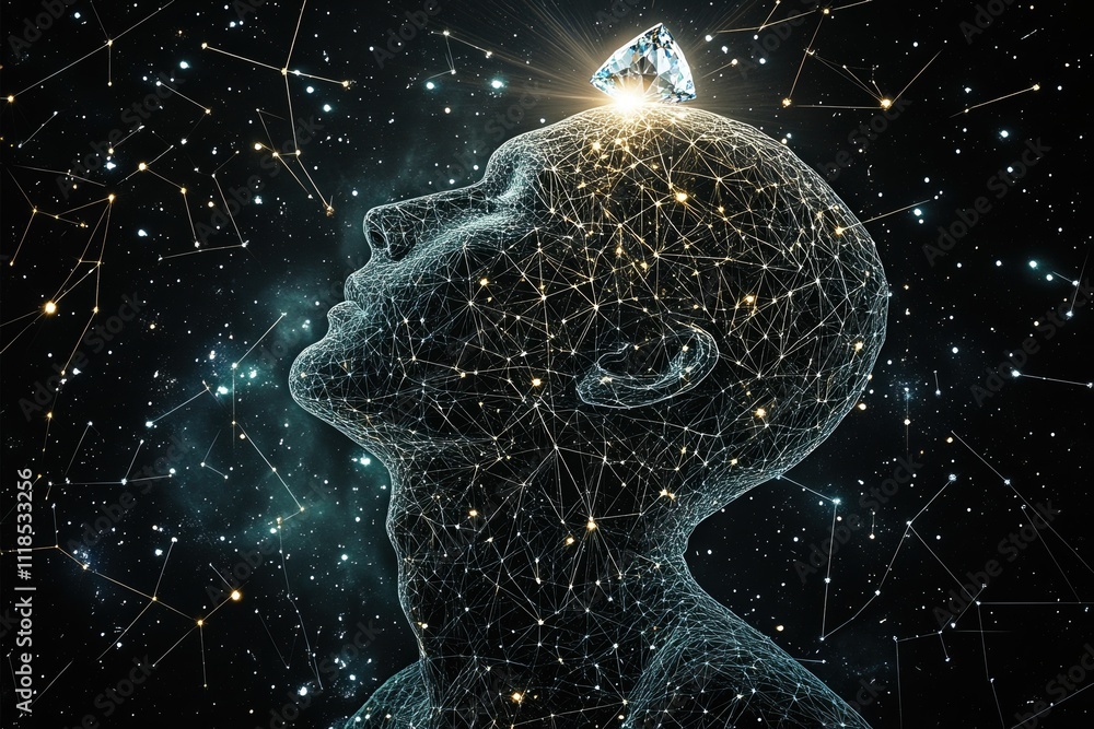 Poster shiny light blue net structure of stars and threads appears below missing skin on head in surreal co