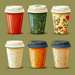 Colorful coffee cups with floral and speckled designs on green background