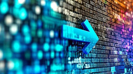 Digital blue arrow, arrow on tech 1, 0 background.