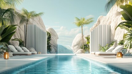 A serene poolside scene surrounded by rocks and palm trees, perfect for relaxation.
