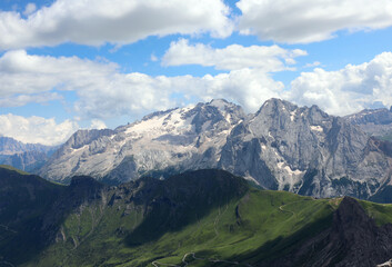 Marmolada mountain in northern Italy and what remains of the glacier that is inexorably melting more and more each yea