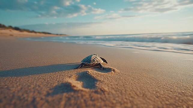 Baby sea turtle crawling on sandy beach towards ocean at sunset. - Powered by Adobe