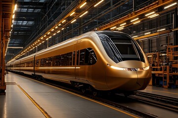 Naklejka premium Technicians assemble high-speed train components in a state-of-the-art manufacturing facility in Lyon with sparks flying and precision tools at work