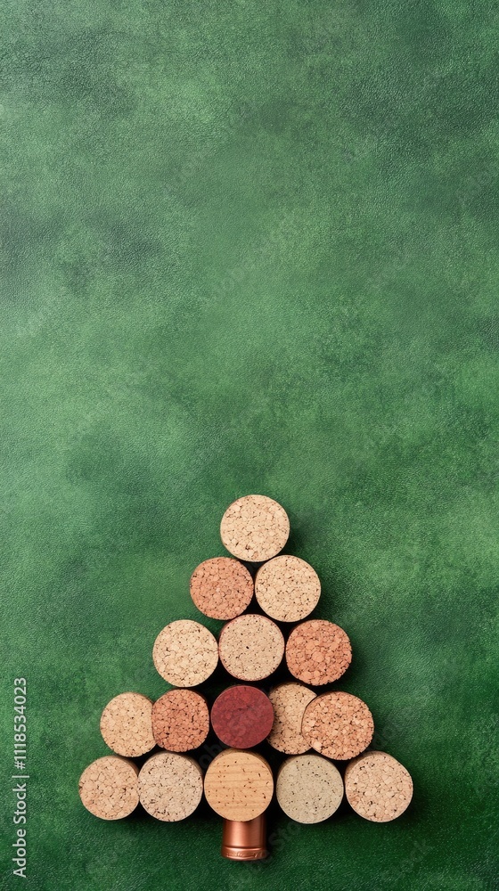 Poster a unique christmas tree assembled from assorted wine corks rests on a rich green backdrop, allowing 