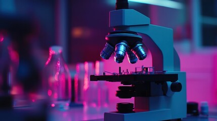 A microscope in a laboratory setting, illuminated with vibrant lighting for scientific analysis.