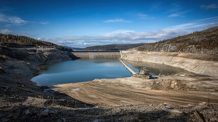 A serene view of a dam with a calm reservoir surrounded by rocky terrain and distant hills.