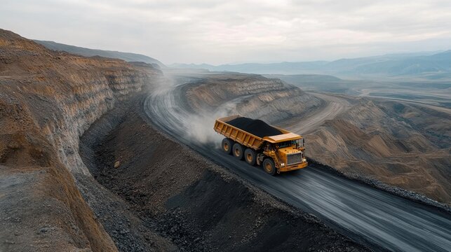 Open-pit coal mining in Gillette, Wyoming shows dragline excavators and colossal trucks hauling black gold in dusty terrain