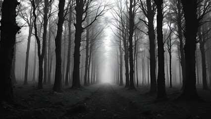 Fototapeta premium Monochrome image of a misty forest with tall, evenly spaced trees, creating an eerie and mysterious atmosphere in nature