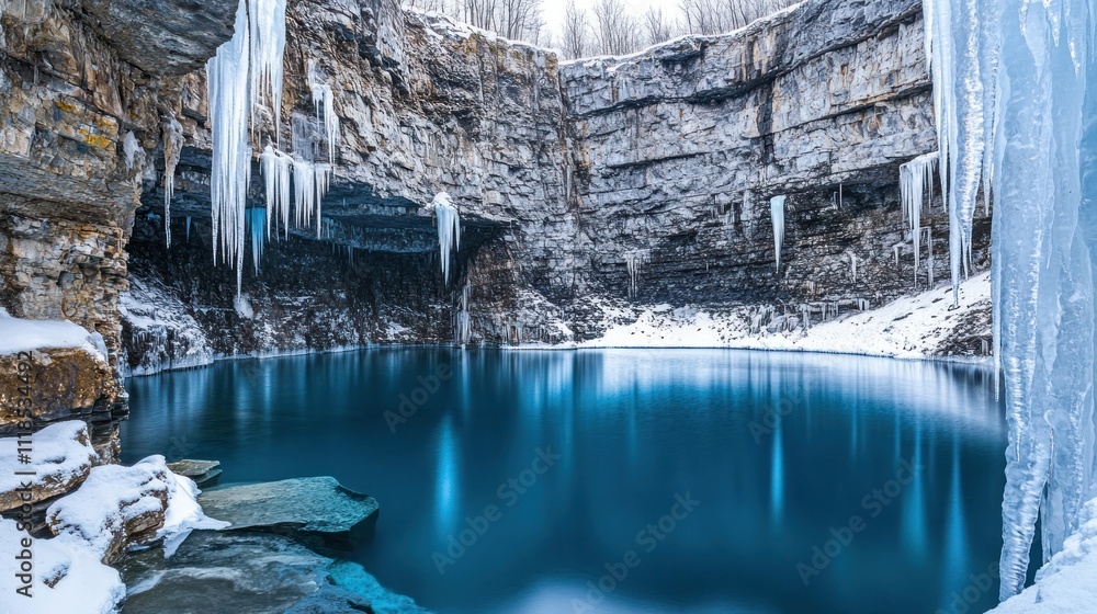 Poster a serene winter scene of a deep quarry lake surrounded by icy cliffs and snow.