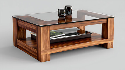 A wooden coffee table with a glass top and a tray on top of it