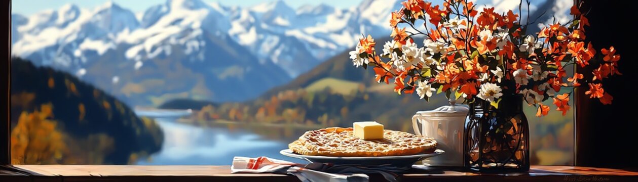 Norwegian lefse potato flatbread with butter, styled with a fjord landscape and snowy peaks