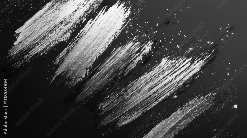 Poster silver brushstrokes form striking patterns against a dark surface, enhanced by scattered highlights 