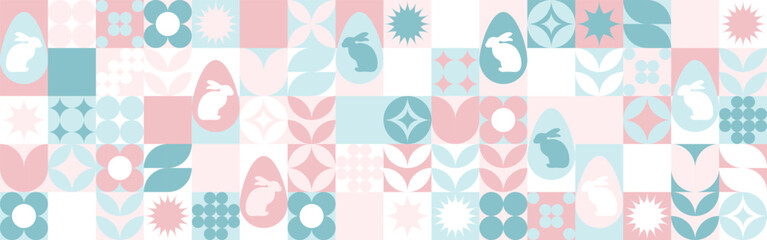 Seamless background with flowers for the spring holiday of Easter with a texture of circles and squares. Wallpaper mosaic with geometric shapes, pastel background with eggs and hares.