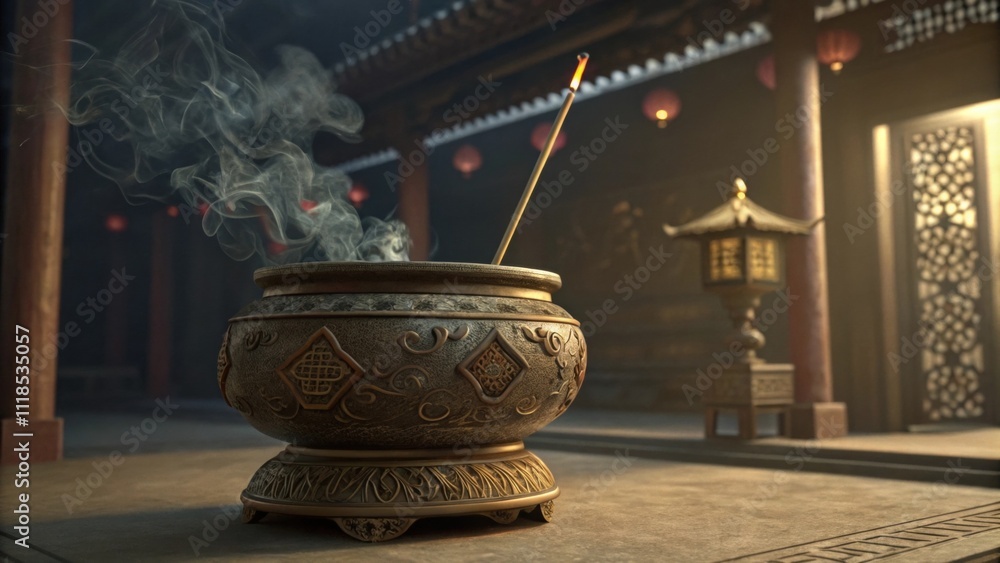Poster artistic elements the image captures the intricate patterns etched on an ancient incense burner whic