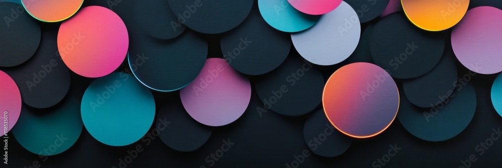 Poster vibrant gradient circles on dark background with abstract geometric design