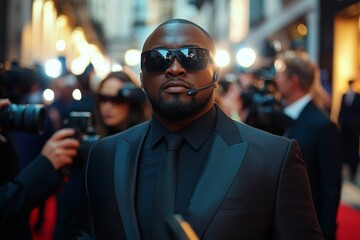 Man in suit, sunglasses, headset, red carpet, paparazzi.