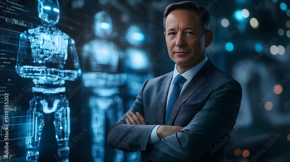 Aufkleber Businessman in a Modern Office Setting with Futuristic Robots and Technology Background Representing Innovation and Leadership in Industry