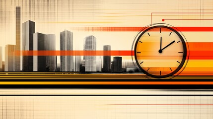 Business time management concept with city skyline and clock icon, orange gradient stripes design on light background for corporate presentation