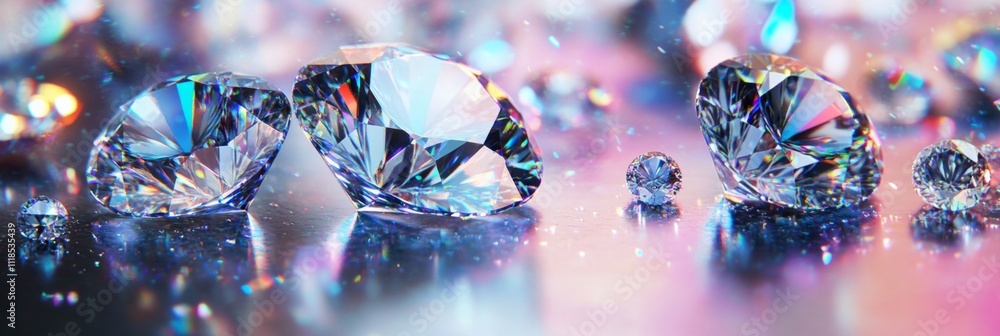 Poster sparkling diamonds on reflective surface with abstract bokeh background