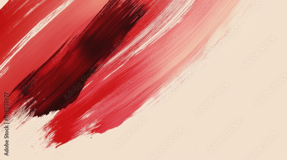 Poster crimson brush lines flow gracefully across a soft beige background, showcasing a dynamic interplay o