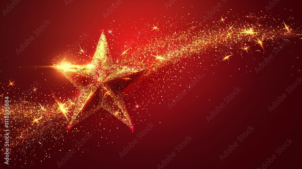 Poster over a crimson setting, a lone star appears with a vector light effect of dazzling golden sparkles a