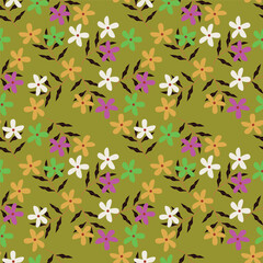 Vector seamless pattern. Pretty pattern in small flowers. Small pink, white and yellow flowers. Dark blue background. Ditsy floral background. Trendy template for fashion prints. Stock vector.