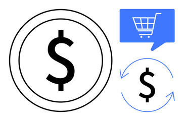 Dollar symbol inside a black circle, blue speech bubble with shopping cart, and circular arrows around dollar sign. Ideal for finance, e-commerce, trade, investment, retail, transactions, currency