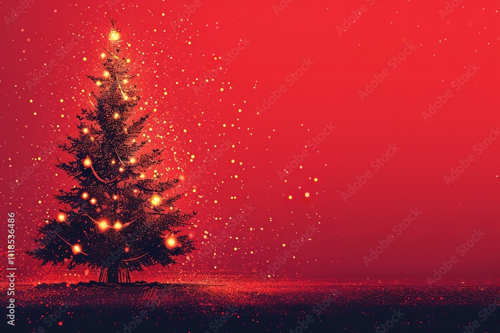 Aufkleber A close-up graphic of the fir tree and strings of lights in the background on a red background having enough of content area for backdrop usage, Generative AI.