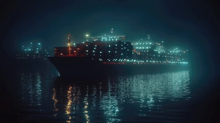 Obraz premium Night view of a container ship with lights reflecting on the water, emphasizing quiet strength and solitude