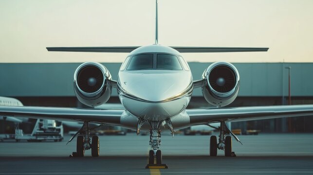 A sleek private jet parked at an airport, ready for travel.
