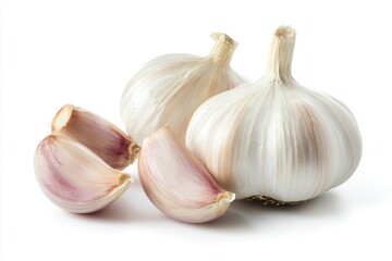 Obraz premium Fresh Garlic Bulb and Cloves on White Background in Detailed Macro View