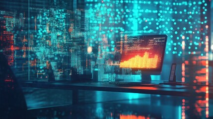 A futuristic workspace with data visualization and coding elements on a computer screen.