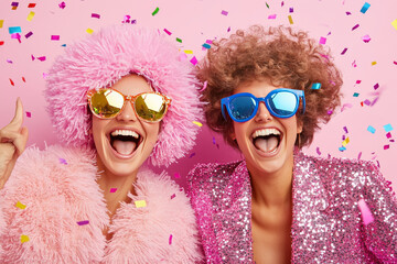 Two joyful women in vibrant party attire with colorful confetti celebrating together against a pink backdrop, showcasing friendship and fun vibes