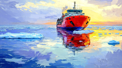 Obraz premium polar research ship navigating through icy waters on the ocean, navigating through a stunning Antarctic ocean landscape, Ship in ocean near glacier, Icebreaker ship in the North Sea.