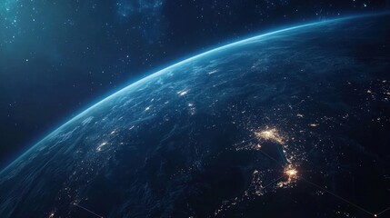 A view of Earth from space, highlighting city lights and the curvature of the planet.
